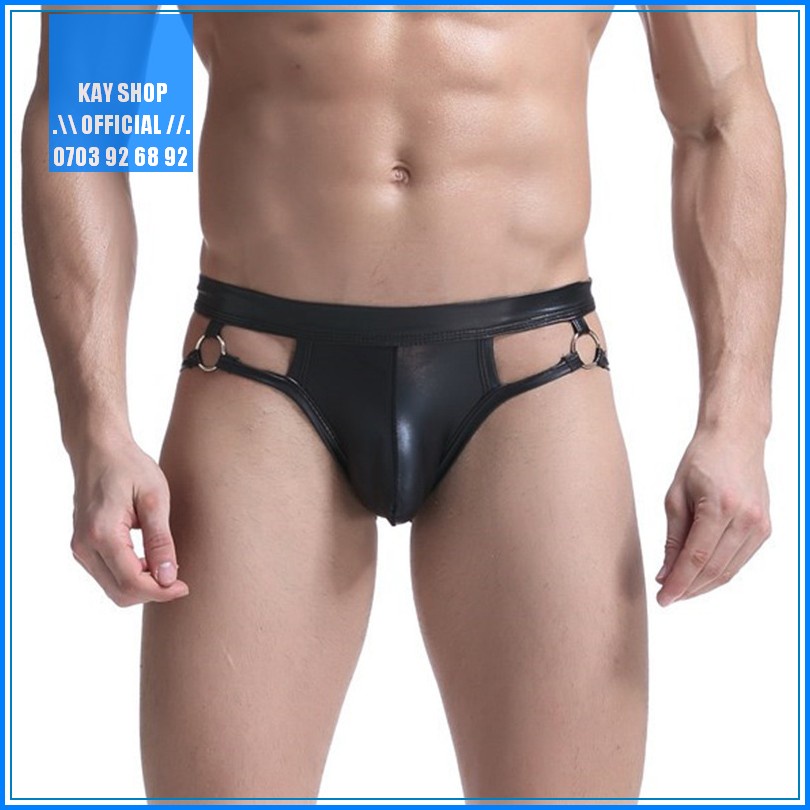 Quần lót jockstrap nam dây giả da sexy khoen ôm mông căng tròn gợi cảm - Quần sịp nam màu đen Freesize trơn bóng