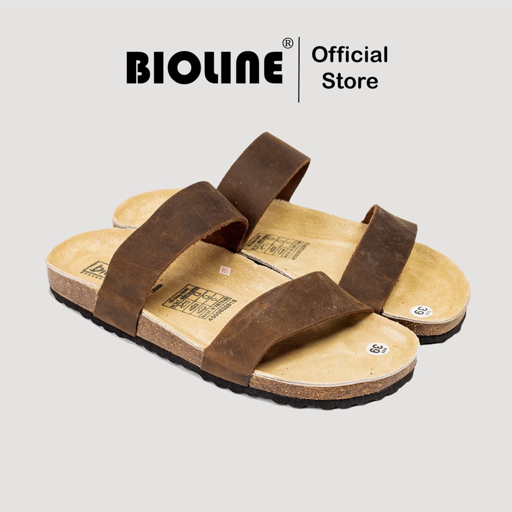 ( Mẫu Da Thật ) D18 - Dép Đế Trấu Birken BIOLINE Official Hai Quai Ngang Da Bò