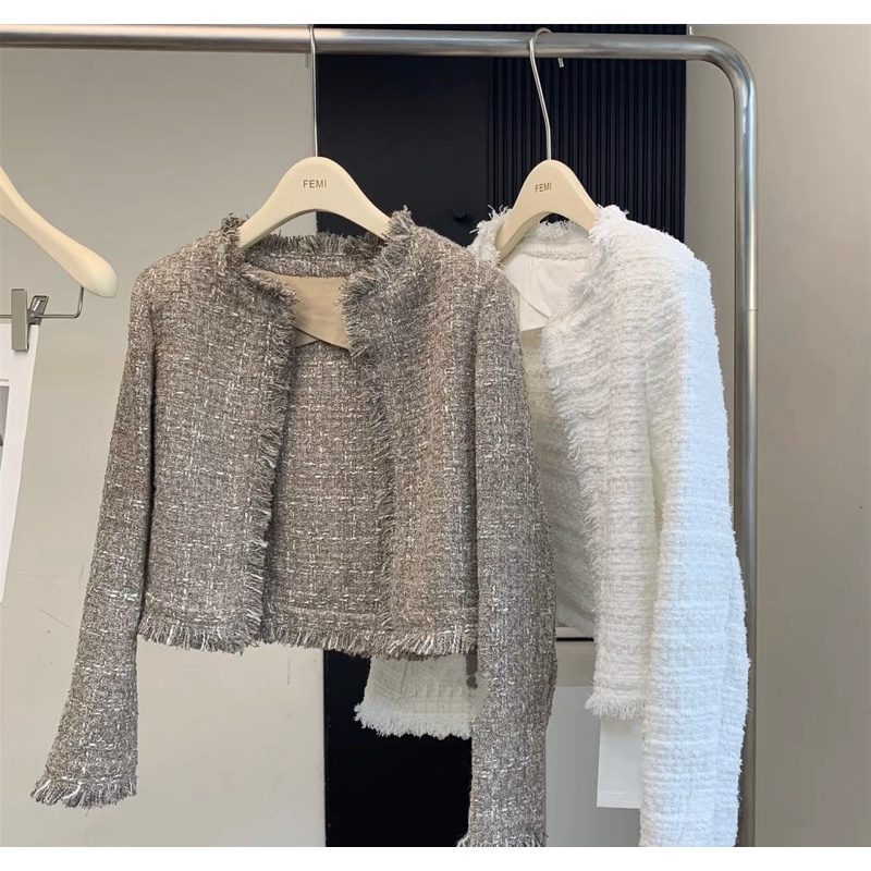 Áo khoác dạ tweed tua rua cho nữ dài tay không khuy cổ tròn sang trọng