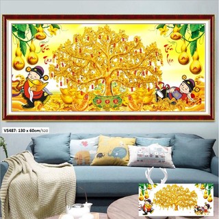 Tranh đính đá cây tiền vàng KT:130x60cm,tranh chưa đính đá và chưa khung