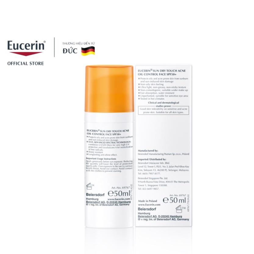 Kem chống nắng Eucerin kiềm dầu & ngừa mụn SPF50+ cho da nhờn mụn Sun Dry Touch 50ml