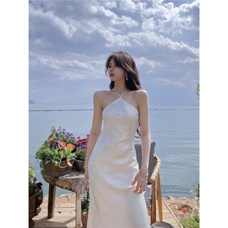 [HÀNG QUẢNG CHÂU] Đầm maxi trắng satin hở lưng cực sang