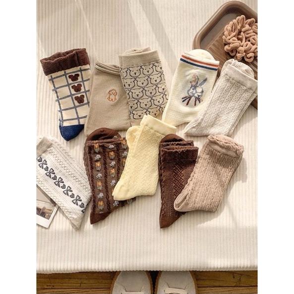 Túi 8 Đôi Tất dệt kim cổ cao thêu hình Phong Cách Vintage Hàn Quốc Mẫu Softie tt17