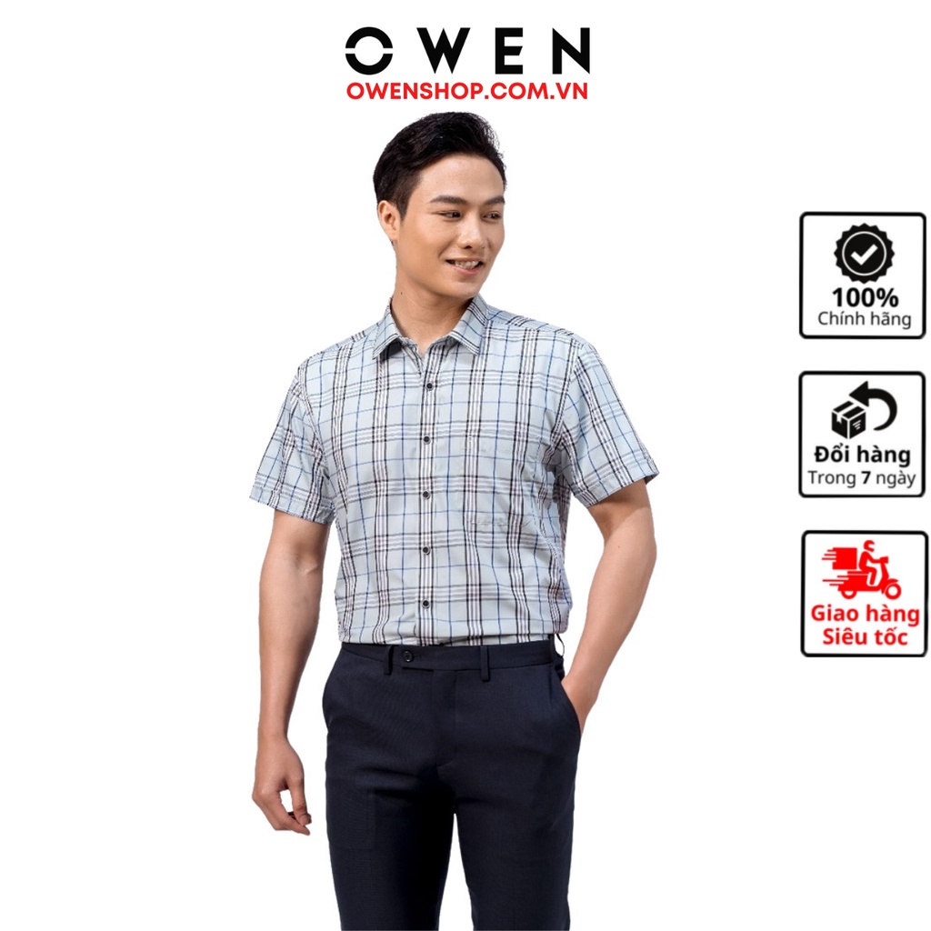 Áo sơ mi nam ngắn tay OWEN BA220403NT somi công sở màu xanh ghi kẻ caro vải bạc hà cao cấp dáng body fit tà bằng có túi