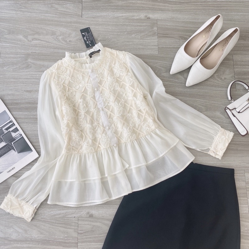 [Ảnh thật + video] Áo tơ peplum ren hoa bèo tầng