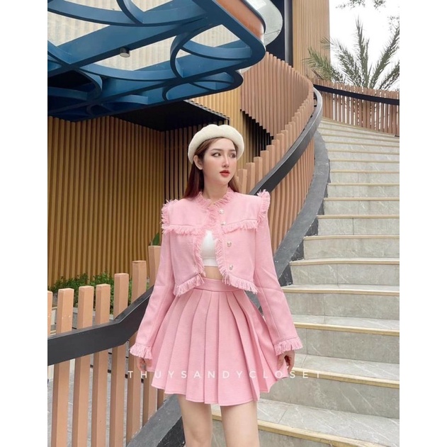 Set Dạ Váy Hồng thiết kế tay dài, vai bồng phối váy ngắn phong cách Hàn Quốc | BigBuy360 - bigbuy360.vn