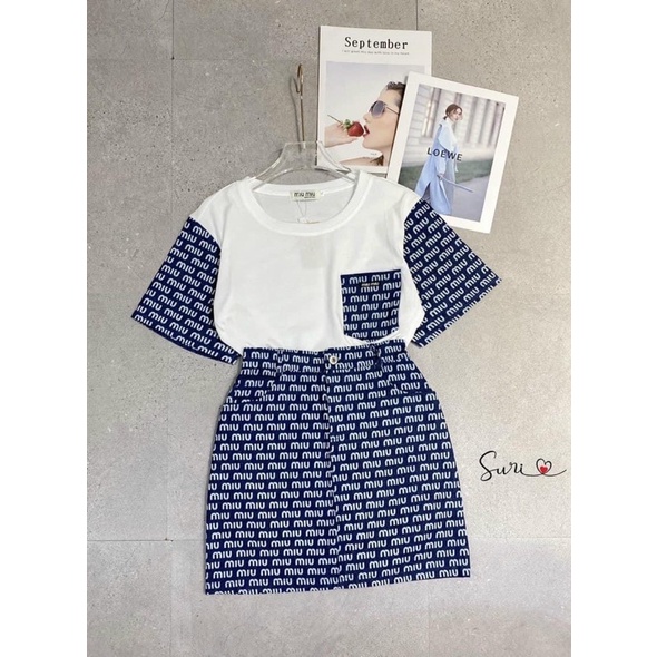 Set áo thun trắng form rộng phối jean miumiu tay ngắn 1 túi + chân váy body 2 túi
