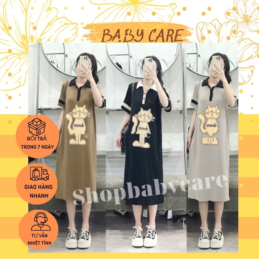 VÁY BẦU POLO MAXI MÙA HÈ KIỂU DÁNG IN HÌNH MÈO XINH XẮN- ĐẦM BẦU ĐẸP MẶC TRƯỚC VÀ SAU XINH ĐỀU ĐẸP