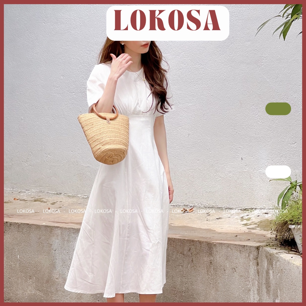 Đầm Linen midi Cổ Tròn Nhún Ngực LOKOSA váy công sở thanh lịch sang trọng VD007 | BigBuy360 - bigbuy360.vn