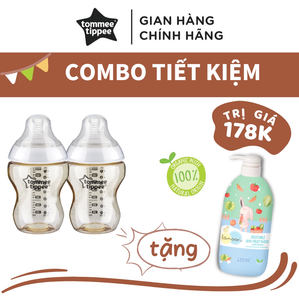 COMBO 2 Bình Sữa Tommee Tippee PPSU Ty Siêu Mềm Tự Nhiên 260ml TẶNG 1 Bình Nước rửa rau củ quả Organic Lamoon 450ml