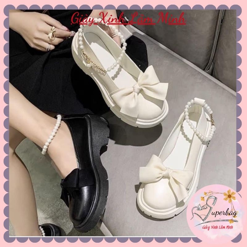 Giày Nữ Lolita Phối Nơ Ngọc - Giày Đốc Búp Bê Nữ Mềm Chữ D Siêu Cá Tính SPB 441