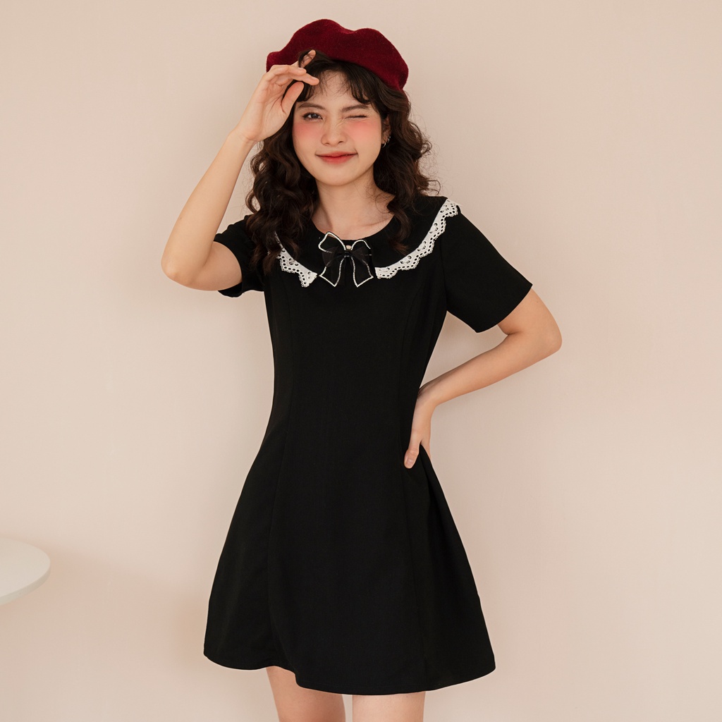 [Tặng kèm nơ cài] BLEUBIRD Váy liền dáng A xòe cổ ren Rini Dress