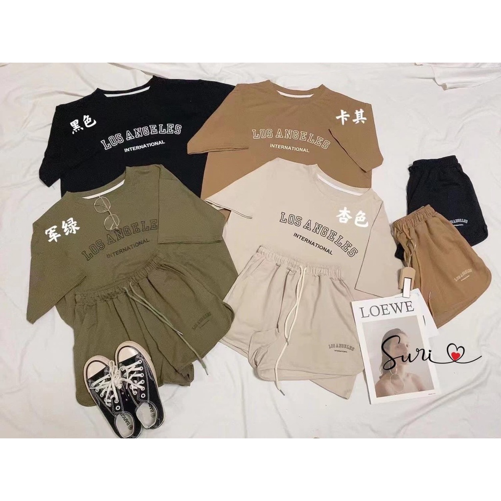 Set Đùi Cộc Chữ LOSANGELES Chất Đẹp 3158 Cotton Khô Tay Lỡ Nam Nữ Bộ Đùi Thể Thao Basic