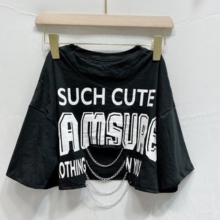 127 - Áo croptop nữ kiểu phối xích khoét eo cá tính năng động chất vải thun trơn in chữ Free Size dưới 53kg