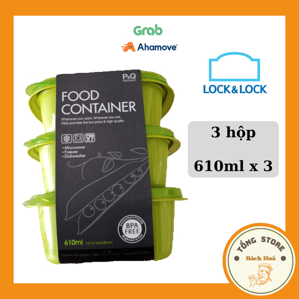Bộ 3 hộp nhựa Lock and Lock 610ml đựng thực phẩm, hàng khuyến mãi Vinamilk dùng được lò vi sóng, tủ đông, máy rửa bátml
