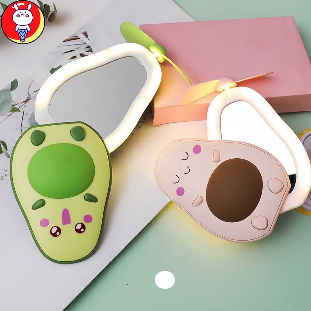 Quạt Mini Cầm Tay Hình Trái Bơ Đáng Yêu Tích Hợp Gương Đèn Led Sạc USB