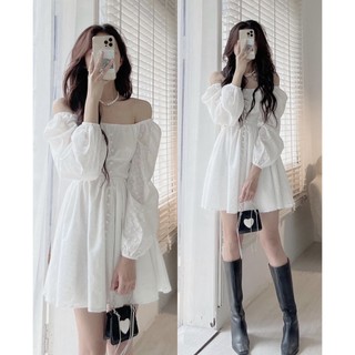 Váy trắng tiểu thư trễ vai tay bồng dáng dài hai lớp, đầm trắng dự tiệc bánh bèo VaytieuthucucocA16