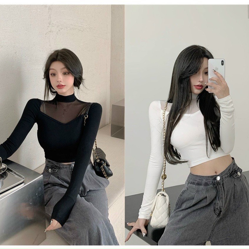Áo kiểu tay dài phối lưới trên ngực hình tim kiểu dáng croptop cực cá tính , chất thun bozip mềm mát