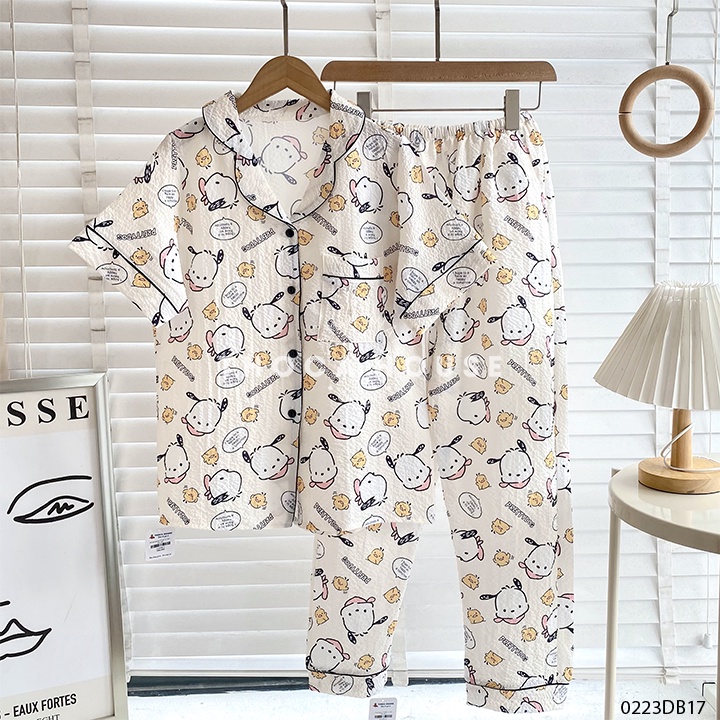 Đồ bộ mặc nhà pyjama vải xốp tay ngắn quần dài túi viền THOCA HOUSE hoạt hình dễ thương, thoải mái