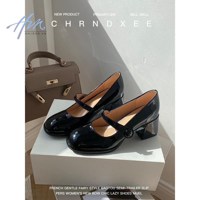 Giày Cao Gót Da Bóng Phong Cách Retro Pháp Cho Nữ