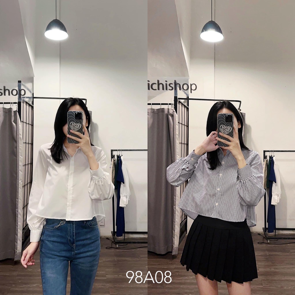 Áo sơ mi dài tay croptop xếp ly lưng - 98A08