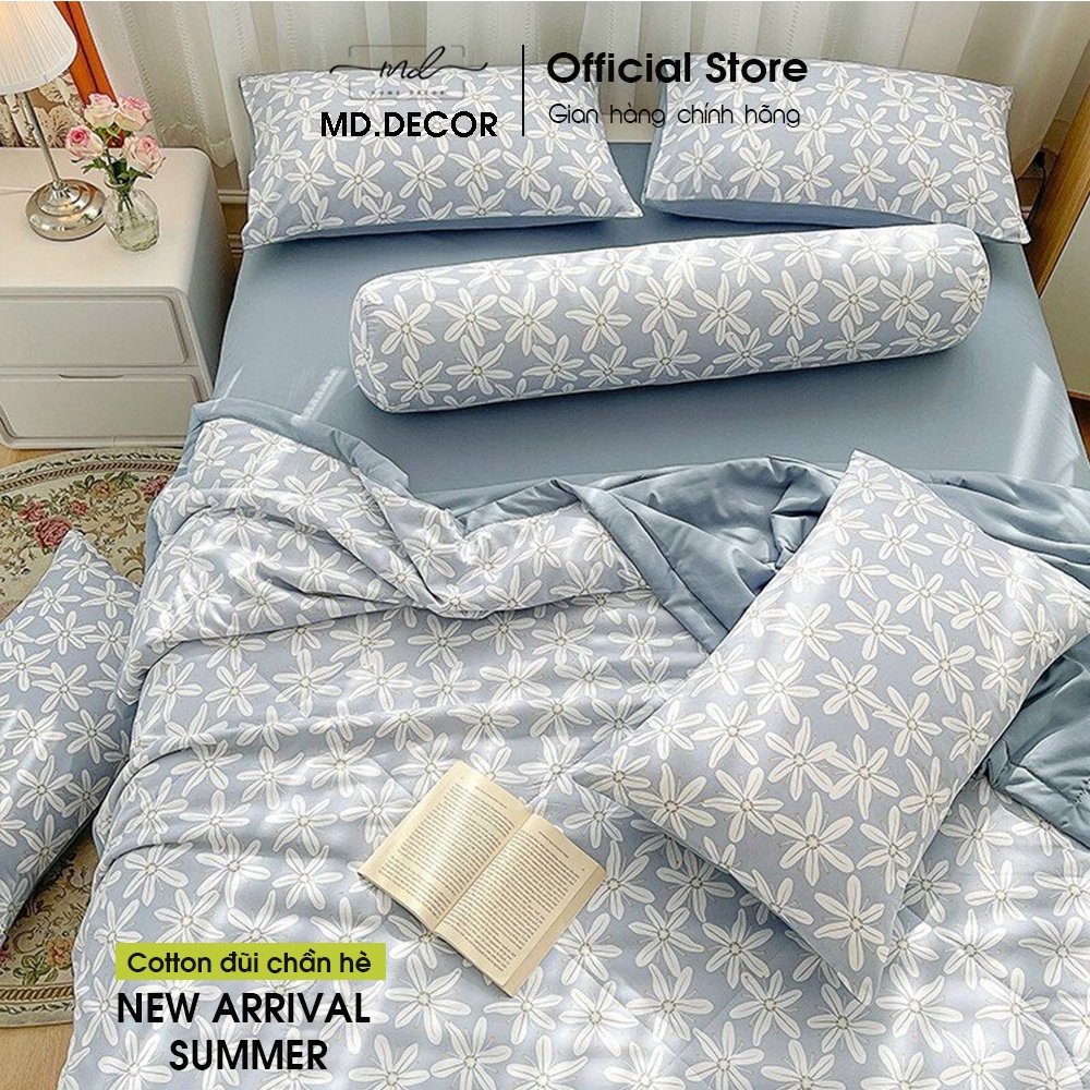 Bộ Chăn Chần Ga Giường Vỏ Gối 5 Món Cotton Đũi MD.DECOR - Bedding Cao Cấp Hoa Lá Đủ Size Nệm M6/M8