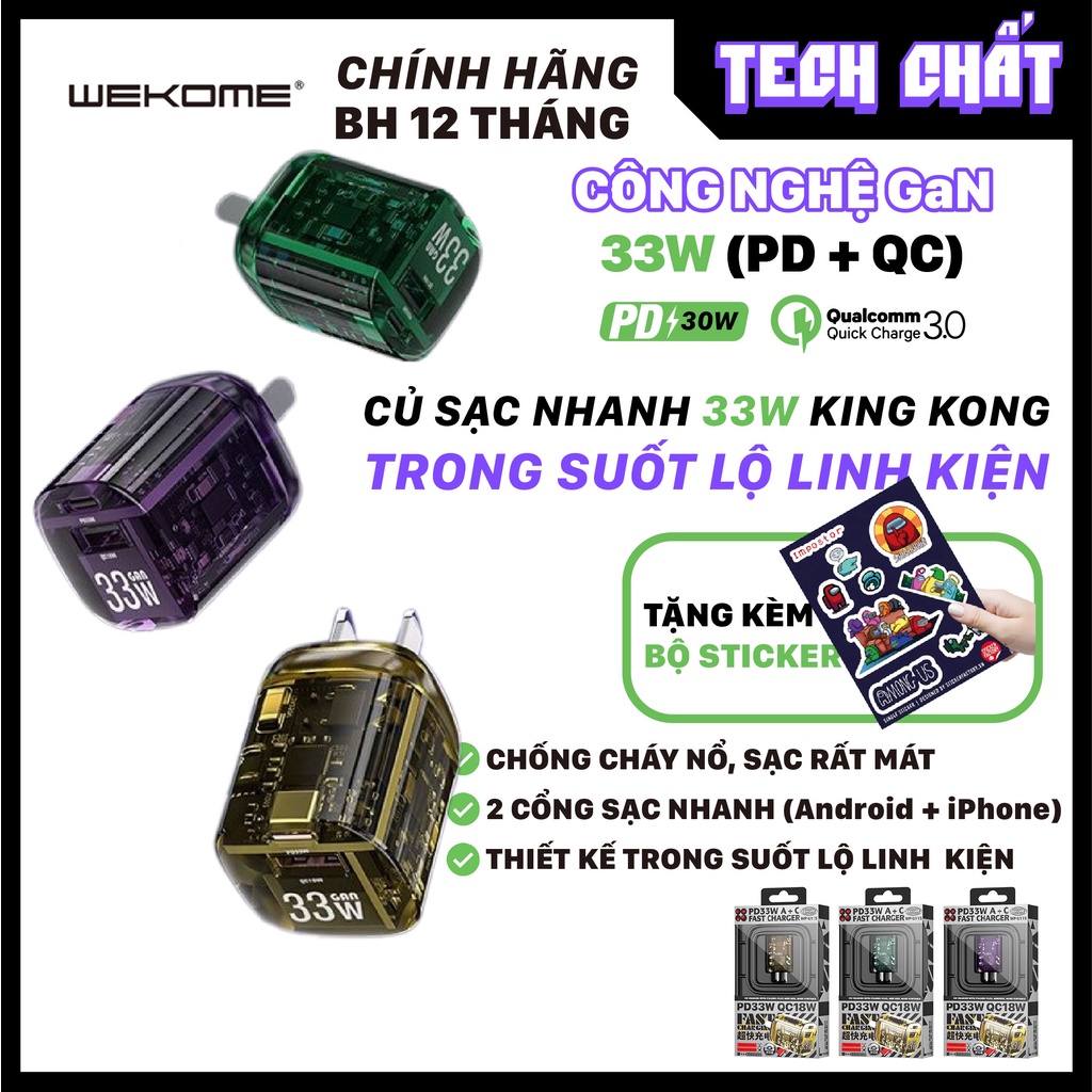 Củ sạc nhanh 2 cổng Kingkong GAN 33W trong suốt chính hãng Wekome sạc PD 30W cho iPhone và 18W cho Android wp-u115