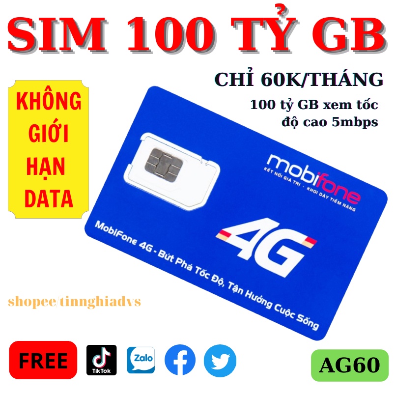 [Sim chính hãng] Sim 4G Mobifone AG60 10 tỷ gb không giới hạn dung lượng - gia hạn 60k/ tháng