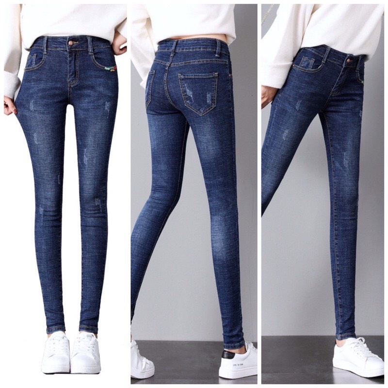 Quần jean nữ lưng cao skinny tôn dáng, quần bò nữ co giãn cào xướt nhẹ