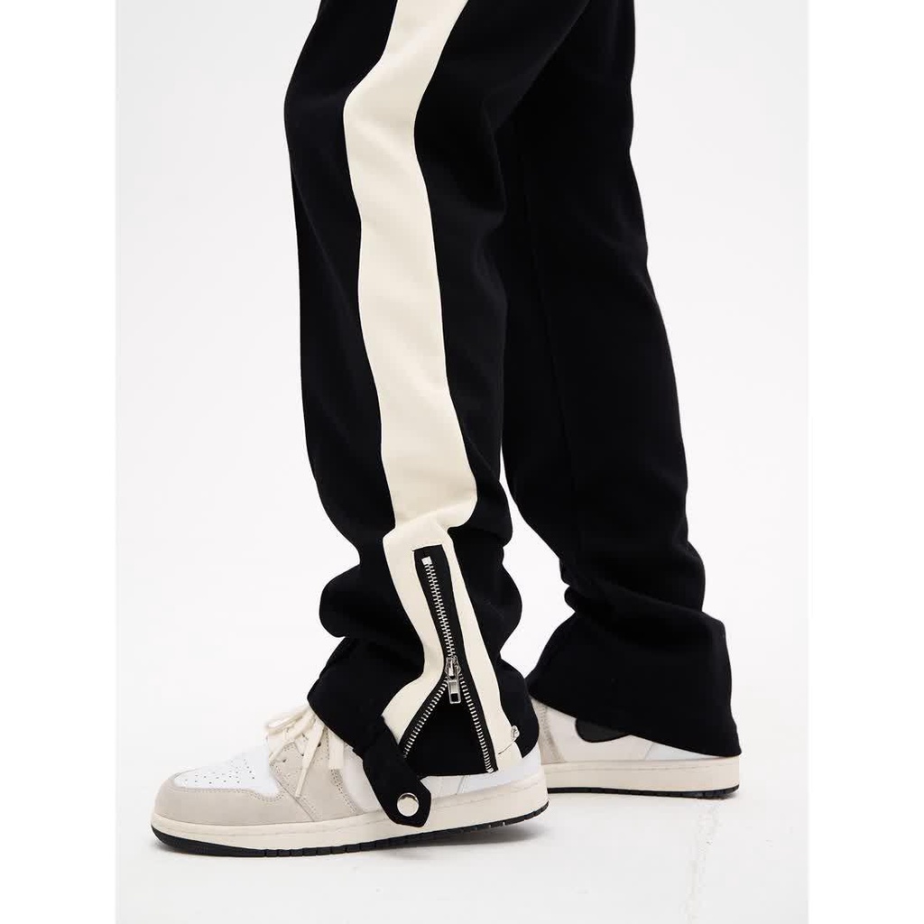 Quần Dài Thể Thao Màu Đen Kẻ Sọc Phối Khóa Kéo Bên Hông Phong Cách Âu Mỹ Cá Tính Cho Nam