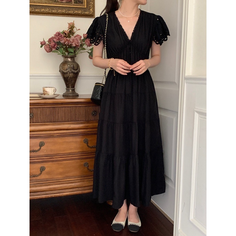 Váy dài midi cổ V, tay phối ren tinh tế che khuyết điểm vai to, Đầm đẹp hack eo freesize dưới 60kg