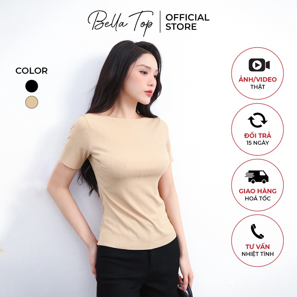 Áo kiểu cổ thuyền, Áo thun nữ tay ngắn chất liệu bozip kẻ sọc tôn dáng - Bella Top MS11