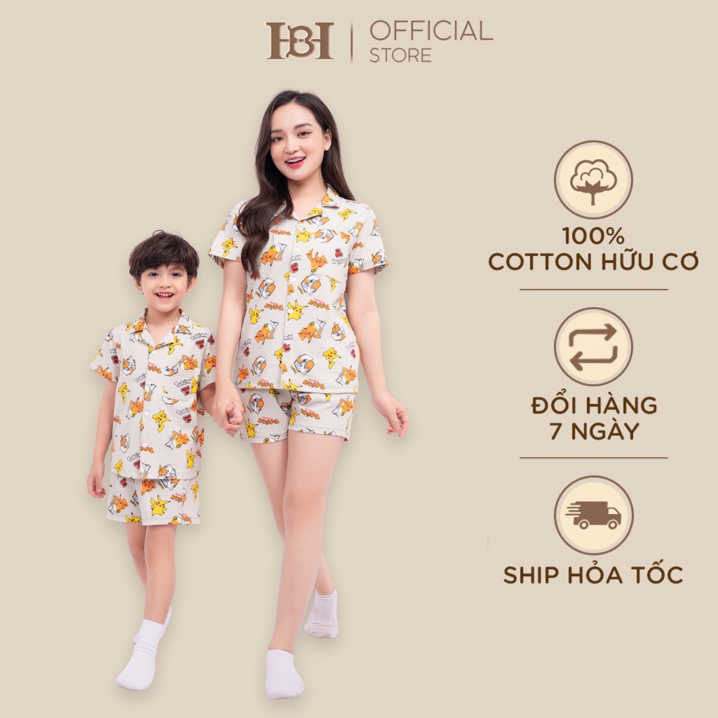 Bộ quần áo pyjama cộc tay Hapiibabii Cotton điều hòa nhập khẩu cho mẹ bé mặc nhà mùa hè họa tiết pokemon (1-10 Tuổi)