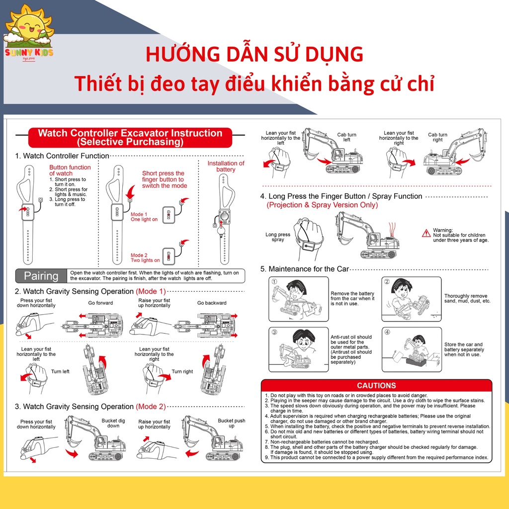 Máy xúc điều khiển từ xa cao cấp, 12 kênh, dài 42cm, phun khói, chiếu hình, điều khiển cử chỉ đeo tay - Sunny Kids