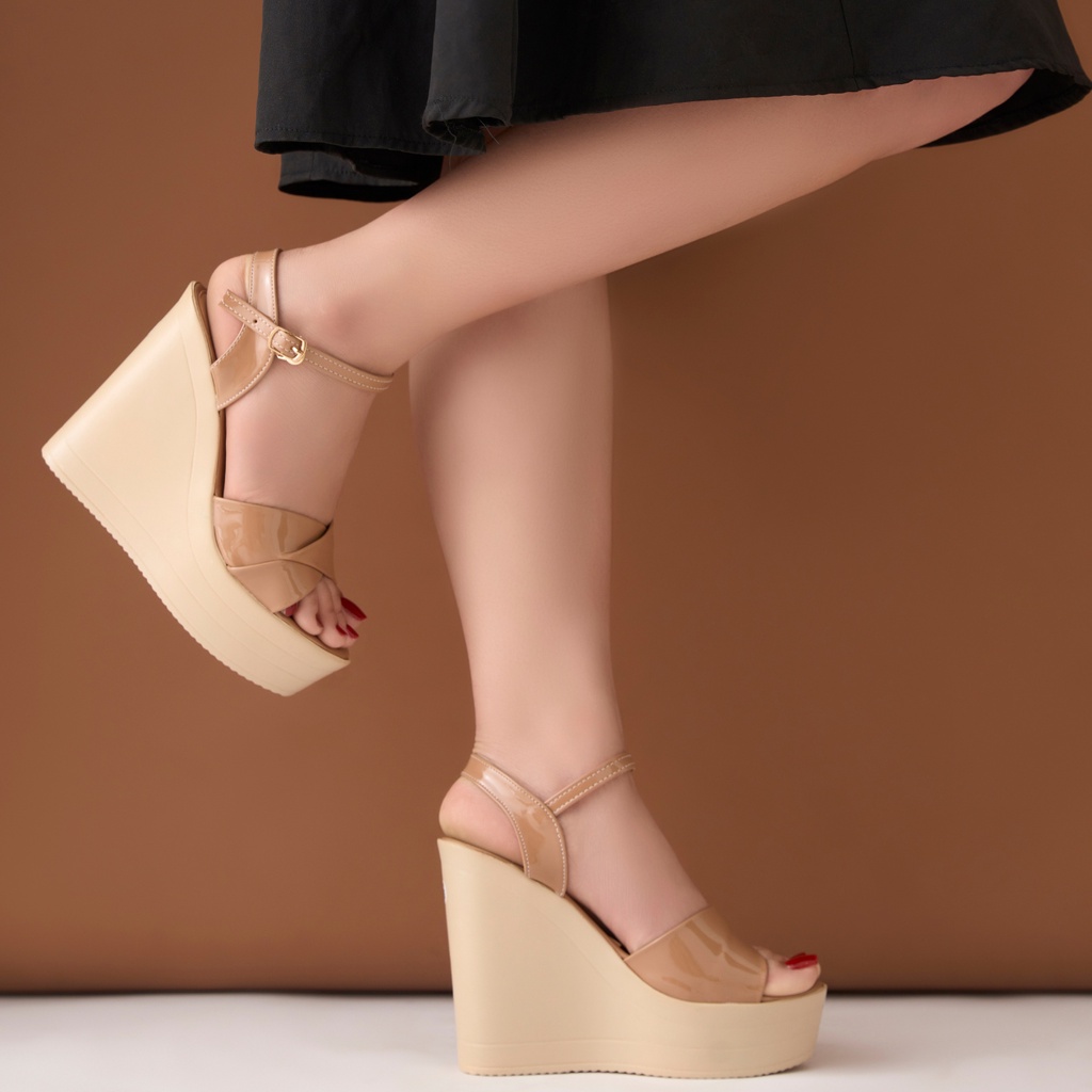 Giày sandal cao gót đế xuồng quai xếp 12cm đế đúc siêu nhẹ