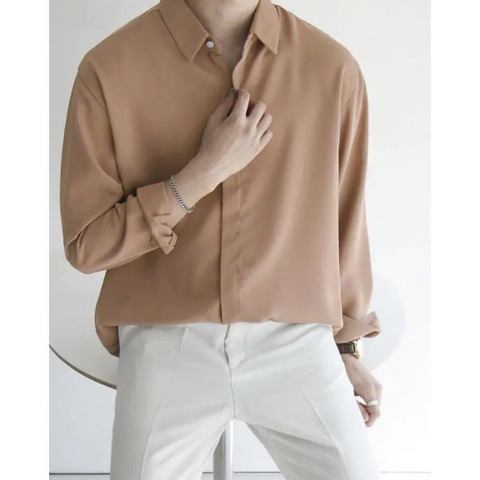 Áo sơ mi nam giấu cúc lụa trơn cao cấp nhiêu màu form rộng unisex dài tay công sở hàn quốc , không nhăn co giãn nhẹ