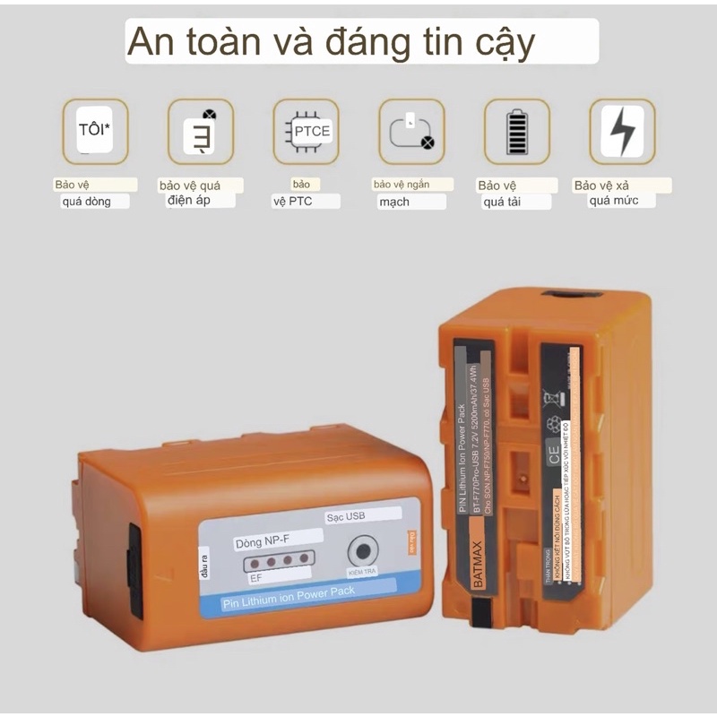 Pin NP-F750,F730,F770 - Đèn Led báo nguồn pin. Đầu ra USB 5200mAH