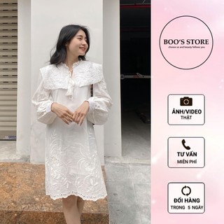 VÁY BOO'S STORE  Váy thô trắng cổ bèo vuông