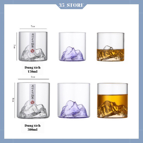 Bộ cốc uống nước thủy tinh BOROSILICATE cao cấp đế hình quả núi FUJI mầu tím, mầu trắng