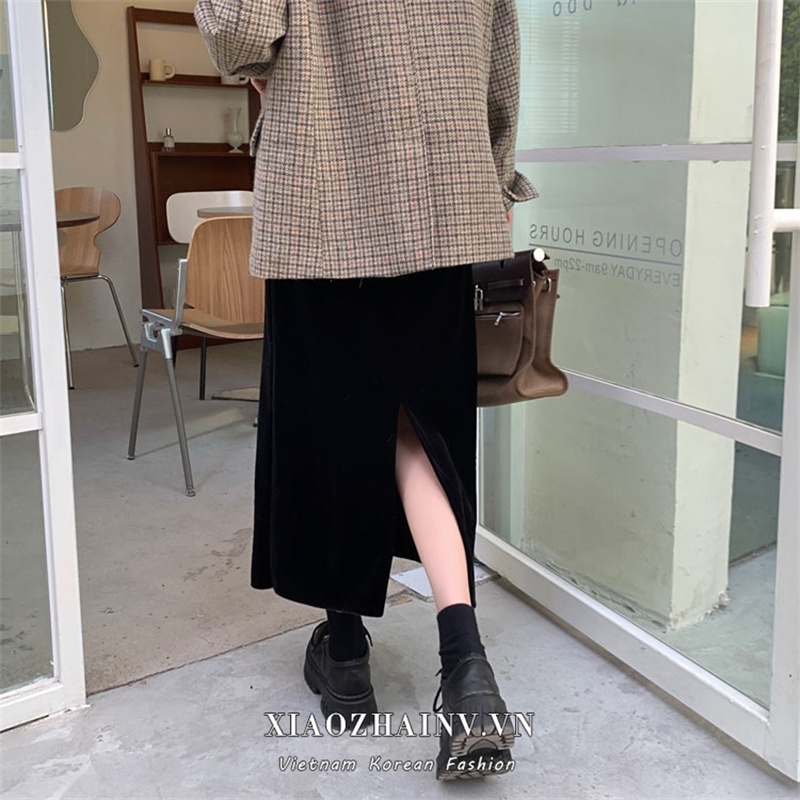 Xiaozhainv Chân Váy Nhung Đen Dáng Chữ A Lưng Thun Xẻ Tà Thời Trang Hàn Quốc Cho Nữ