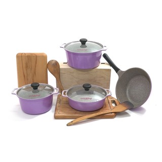 (Dùng được mọi bếp) -Combo bộ 4 nồi chảo đúc vân đá đáy từ size 20cm; 22cm; 24cm + 1 chảo vân đá đáy từ chống dính si