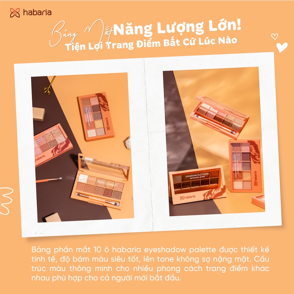 Bảng phấn mắt 10 ô HABARIA colors eyeshadow palette có kèm chổi, lâu trôi, tone màu trendy hợp tone make up Châu Á
