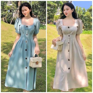Đầm midi cổ vuông thắt eo 2 màu