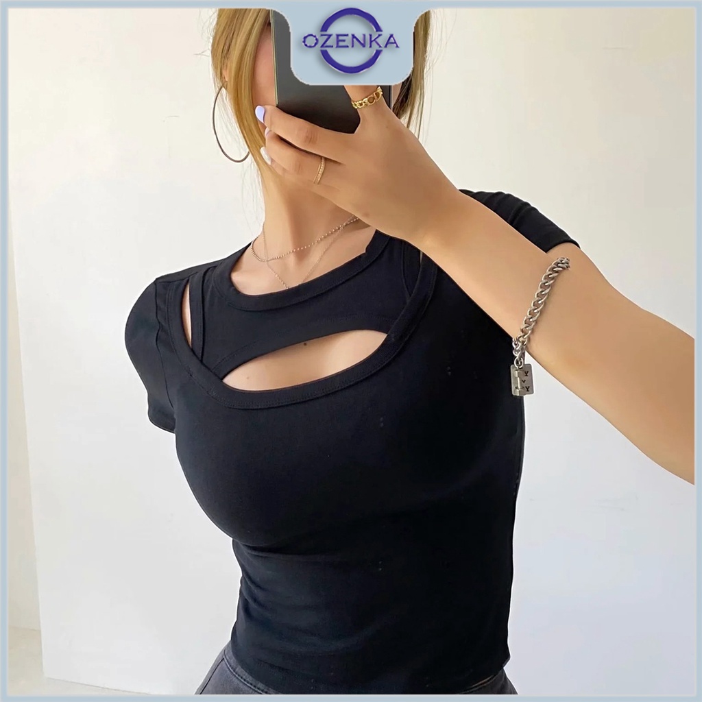 Áo croptop kiểu cô tròn cộc tay ôm nữ Ozenka , áo crt cá tính sang chảnh màu đen trắng mặc đi học đi chơi dưới 55 cân