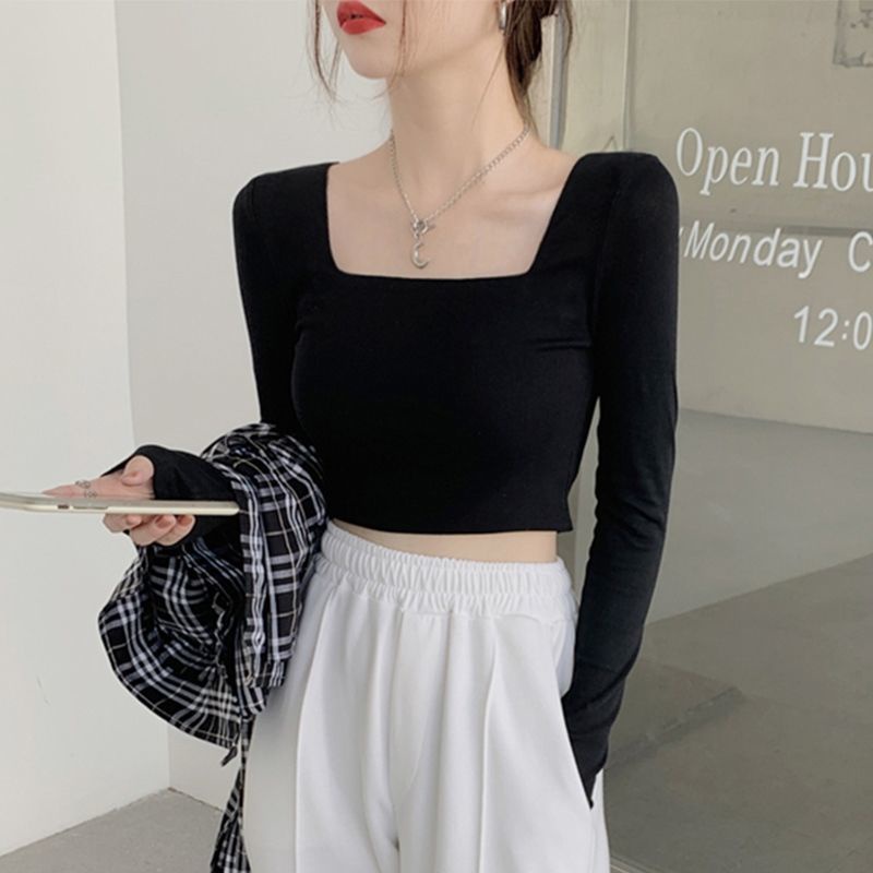 Áo Croptop Dài Tay Cổ Vuông Chất Thun Co Giãn 4 Chiều Madela, Croptop Cổ Vuông Dài Tay Freesize