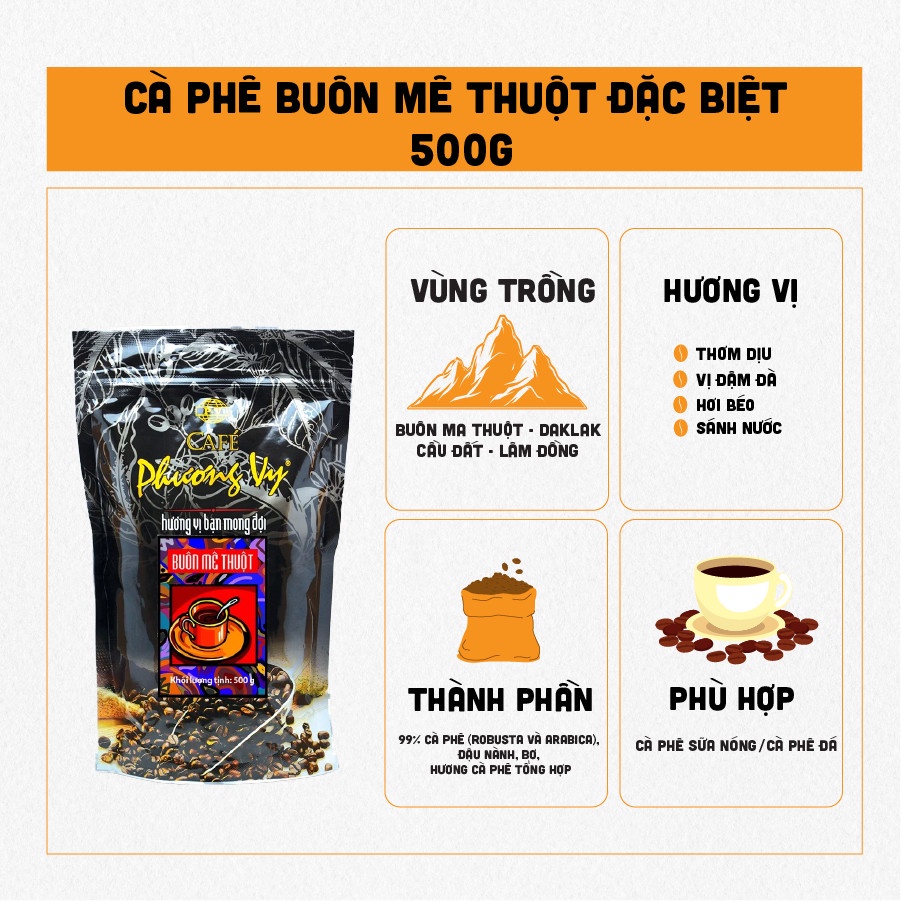 Cà Phê Rang Xay Buôn Mê Thuột Đặc Biệt 500g thơm dịu, đậm đà, sánh nước, hương vị cà phê truyền thống Phương Vy Coffee