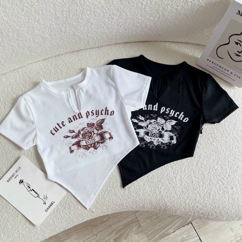 Áo Thun Croptop Dáng Ngắn Hoạ Tiết Hoa Hồng