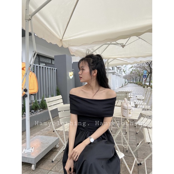 Váy maxi khoét vai cộc tay Hamy màu trắng đen nâu be