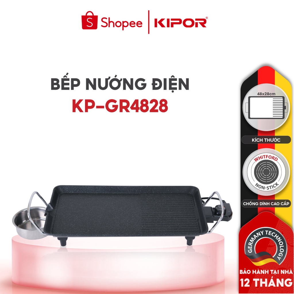 Bếp nướng điện không khói KIPOR KP-GR4828 - Mặt nướng lớn phủ chống dính WHITFORD của USA - Bảo hành tại nhà 12 tháng