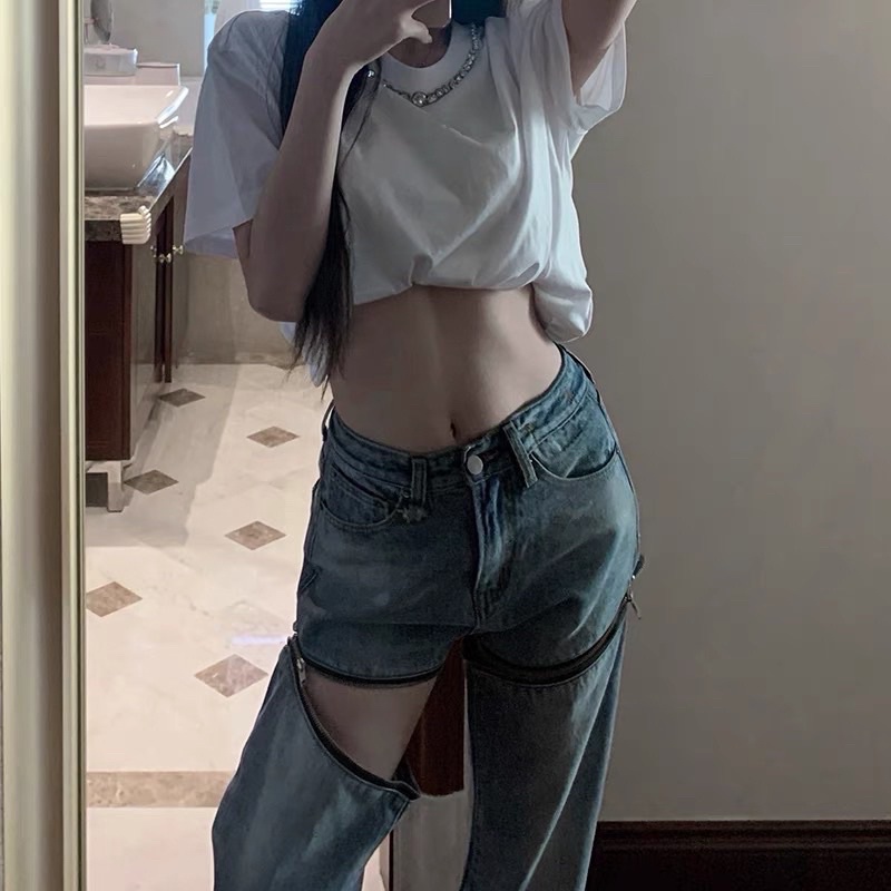 Quần jeans ống suông khoá đùi có thể tháo rời hàng QC loại 1 kèm ảnh thật cuối - hàng có sẵn